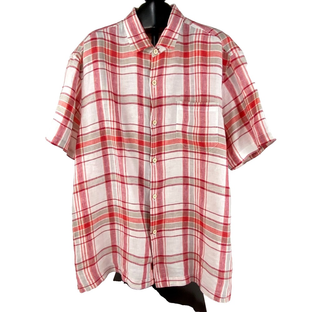 Tommy Bahama Linen Short Sleeve Shirt Men's XL Plaid LKNU Casual Easy Care Excl!